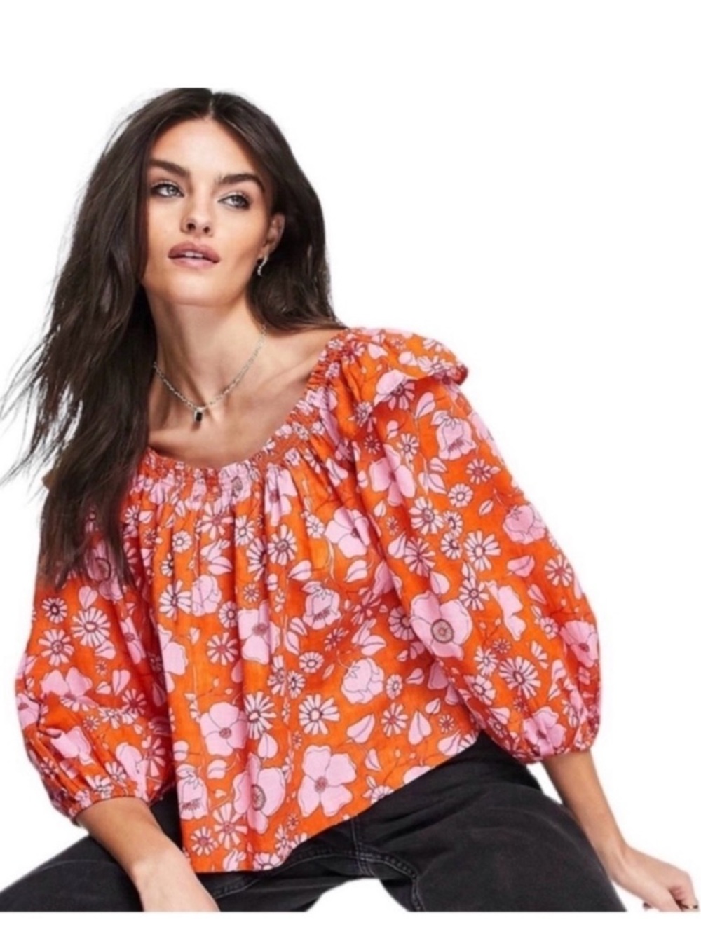 Free People Orange Floral Off-Shoulder Blouse with Pink Blooms